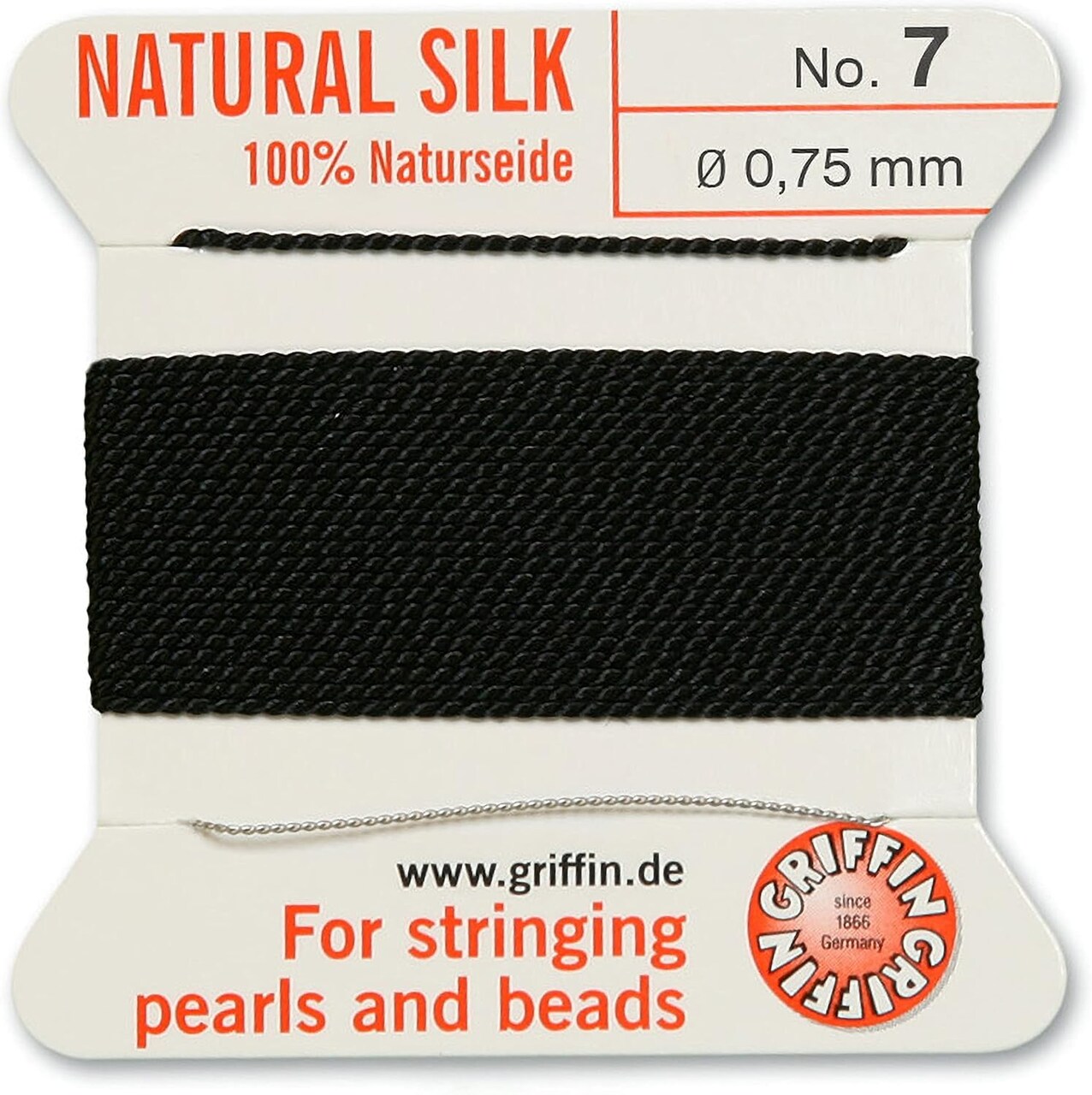 Griffin Silk Bead Cord Perlseide – Size 7 (0.75mm) – 2 Meters per Card – Stainless Steel Needle Attached – for Knotting Pearls, Gemstones, Crystals and Beads